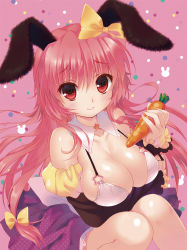 Rule 34 | 1girl, animal ears, bare shoulders, blush, bow, breast hold, breasts, carrot, cleavage, detached collar, detached sleeves, ear ribbon, female focus, from above, hair bow, highres, knees together feet apart, large breasts, light smile, long hair, looking at viewer, looking up, original, pink eyes, pink hair, polka dot, polka dot skirt, rabbit ears, santa matsuri, scan, shiny skin, simple background, sitting, skirt, solo