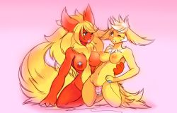 Rule 34 | 2girls, animal ears, arm around waist, arm up, big hair, black eyes, blonde hair, blush, breasts, clenched teeth, controller, creatures (company), dildo, drooling, eye contact, fang, female focus, flareon, full body, furry, furry female, game freak, gen 1 pokemon, highres, jolteon, kneeling, large breasts, looking at another, looking to the side, medium breasts, multiple girls, navel, nintendo, nipple stimulation, nipples, nude, object insertion, one eye closed, open mouth, pink background, pokemon, pokemon (creature), pokemon rgby, pussy, pussy juice, raikissu, remote control, remote control vibrator, saliva, sex toy, short hair, simple background, spread legs, sweat, tail, tape, teeth, tongue, tongue out, uncensored, vaginal, vaginal object insertion, vibrator, vibrator cord, vibrator on nipple, white hair, yuri