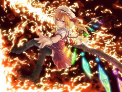 Rule 34 | 1girl, ascot, black thighhighs, blonde hair, boots, fire, fire, flandre scarlet, freeze-ex, hat, laevatein, red eyes, short hair, side ponytail, skirt, skirt set, smile, solo, thighhighs, touhou, wings, wrist cuffs