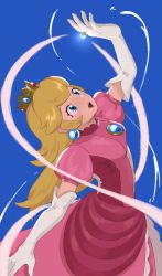 Rule 34 | 1girl, :d, arm up, blonde hair, blue background, blue eyes, breasts, brooch, crown, dress, earrings, elbow gloves, eyelashes, gloves, glowing, highres, jewelry, jors, lips, long hair, looking at hand, looking up, mario (series), nintendo, open hands, open mouth, outstretched arm, pink dress, pink lips, princess, princess peach, puffy short sleeves, puffy sleeves, ring, short sleeves, simple background, small breasts, smile, solo, super mario bros. 1, white gloves