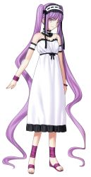 Rule 34 | 1girl, absurdly long hair, dress, fate/hollow ataraxia, fate (series), full body, highres, long hair, looking at viewer, official art, purple eyes, purple hair, solo, stheno (fate), takeuchi takashi, transparent background, twintails, very long hair, white dress