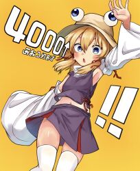 Rule 34 | 1girl, arm up, armpits, blush, brown headwear, commentary request, detached sleeves, green eyes, highres, looking at viewer, medium hair, milestone celebration, moriya suwako, navel, neritch, open mouth, purple skirt, purple vest, sidelocks, simple background, skirt, solo, thighhighs, touhou, vest, white thighhighs, yellow background