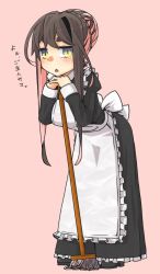 Rule 34 | 1girl, alternate costume, alternate hairstyle, apron, black dress, black hair, colored inner hair, commentary request, dress, enmaided, frilled apron, frills, full body, hair bun, highres, kantai collection, leaning forward, long hair, looking at viewer, macbail, maid, mop, multicolored hair, naganami (kancolle), pink background, pink hair, simple background, solo, thick eyebrows, two-tone hair, white apron, yellow eyes