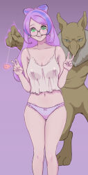 1boy 1girl absurdres alternate_costume blush collarbone covered_erect_nipples cowboy_shot creatures_(company) double_v earrings facing_viewer game_freak gen_1_pokemon glasses green_eyes highres hypno hypnosis jewelry long_hair looking_at_viewer mind_control miriam_(pokemon) multicolored_hair navel nintendo pajamas panties parted_lips pendulum pink_hair pokemon pokemon_sv purple_background purple_hair smile thigh_gap two-tone_hair underwear v