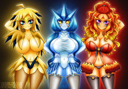 Rule 34 | 10s, 3girls, articuno, breasts, cleavage, creatures (company), game freak, gen 1 pokemon, highres, large breasts, legendary pokemon, looking at viewer, moltres, monster girl, multiple girls, navel, nintendo, personification, pokemon, pokemon go, sevie, smile, zapdos