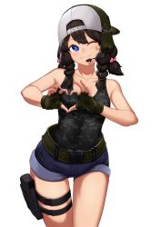 Rule 34 | 1girl, :3, backwards hat, bandaid, bandaid on face, baseball cap, black hair, blue eyes, blush, braid, breasts, camouflage, closed mouth, collarbone, daydream (zhdkffk21), denim, denim shorts, fingerless gloves, gloves, green gloves, hair between eyes, hair bobbles, hair ornament, hat, headset, heart-shaped boob challenge, highres, holster, looking at viewer, medium breasts, one eye closed, original, short shorts, shorts, simple background, smile, solo, tank top, thigh gap, thigh holster, thigh strap, twin braids, twintails, white background
