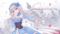 Rule 34 | 1girl, april fools, bare shoulders, birdcage, blue dress, blue sleeves, blurry, blurry background, braid, braided hair rings, breasts, cage, cleavage, closed mouth, commentary request, depth of field, detached sleeves, dress, grey hair, hair rings, hitsuki rei, juliet sleeves, long hair, long sleeves, looking at viewer, medium breasts, multicolored hair, original, outstretched arm, petals, pink hair, pleated dress, puffy sleeves, sleeves past wrists, smile, solo, streaked hair, twin braids, very long hair, yellow eyes