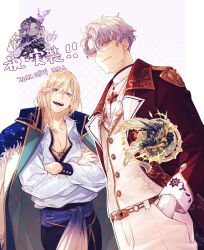 Rule 34 | 4boys, artist name, belt, black hair, black pants, blonde hair, blue eyes, buttoned cuffs, buttons, character request, chibi, closed mouth, coat, coat on shoulders, collared shirt, commentary request, copyright request, crossed arms, dated, earrings, formal, glasses, gloves, gold belt, halftone, halftone background, hand in pocket, highres, horns, jacket, jewelry, long sleeves, looking at viewer, male focus, medium hair, multicolored coat, multiple boys, necklace, open clothes, open jacket, open mouth, pants, purple-tinted eyewear, purple eyes, purple hair, red jacket, ring, ring necklace, shirt, short hair, single horn, sleeve cuffs, smile, suit, teeth, tinted eyewear, two-sided coat, two-sided fabric, upper teeth only, ushi 424, vest, white gloves, white pants, white shirt, white vest, wings