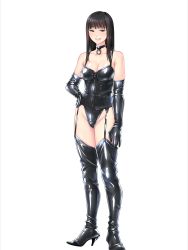 Rule 34 | 1girl, bare shoulders, black eyes, black gloves, black hair, black panties, boots, breasts, bubuzuke, cleavage, collar, elbow gloves, feet, female focus, full body, game cg, garter straps, gloves, groin, hand on own hip, highres, latex, latex suit, legs, legs together, long hair, looking at viewer, matching hair/eyes, medium breasts, panties, parted lips, relaxation yuka m: massage kara maso e no kairaku choukyou saki joou-sama hen, shiny clothes, smile, solo, standing, thigh boots, thighhighs, thighs, transparent background, underwear