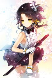 Rule 34 | 1girl, bare shoulders, black hair, bow, bowtie, cherrypin, clenched hand, flower, gloves, hair ribbon, holding, katana, patterned, ribbon, sheath, sheathed, sita vilosa, skirt, sleeveless, solo, sword, sword girls, thighhighs, weapon, white gloves, white thighhighs, yellow eyes, zettai ryouiki