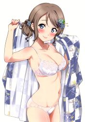 Rule 34 | 1girl, absurdres, alternate hairstyle, blue eyes, blush, bow, bow bra, bow panties, bra, breasts, cleavage, closed mouth, collarbone, cowboy shot, flower, hair bun, hair flower, hair ornament, highres, japanese clothes, kimono, light brown hair, looking at viewer, love live!, love live! sunshine!!, medium breasts, navel, off shoulder, one side up, panties, ponytail, sankuro (agoitei), scan, short hair, sidelocks, simple background, single side bun, smile, solo, stomach, swept bangs, thighs, underwear, underwear only, watanabe you, white bra, white panties, yukata