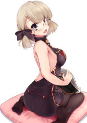 Rule 34 | 1girl, azur lane, backless outfit, bare shoulders, black bow, black pantyhose, black shirt, black skirt, blouse, bow, breasts, brown hair, commentary request, from behind, glasses, hair bow, hat, highres, holding, holding clothes, holding hat, insignia, light brown hair, lips, looking at viewer, looking back, medium breasts, medium hair, military hat, nksk, on pillow, open mouth, pantyhose, pantylines, peaked cap, pencil skirt, pillow, purple eyes, rimless eyewear, shirt, short hair, side slit, sideboob, simple background, single horizontal stripe, sitting, skirt, sleeveless, sleeveless shirt, smile, solo, unworn hat, unworn headwear, wariza, white background, white hat, z23 (azur lane), z23 (philosophy sensei) (azur lane)