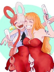 Rule 34 | 2girls, arm around shoulder, bare arms, bare shoulders, black ribbon, breasts, cleavage, closed eyes, collarbone, collared shirt, cowboy shot, cup, dress, drinking glass, grin, hair over one eye, hair rings, hand up, happy, headphones, heads together, heart blody, highres, holding, holding cup, large breasts, long hair, multicolored hair, multiple girls, nail polish, nami (one piece), neck ribbon, one piece, one piece film: red, open mouth, orange hair, red dress, red hair, red nails, red skirt, ribbon, shirt, short sleeves, shoulder tattoo, single sidelock, skirt, smile, strapless, strapless dress, tattoo, teeth, two-tone hair, uta (one piece), wavy hair, white hair, white shirt