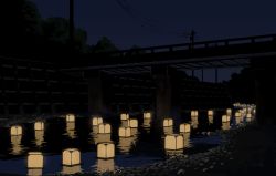 Rule 34 | bridge, dark, highres, lantern, lantern on liquid, night, no humans, original, paper lantern, power lines, reflection, river, sasaki112, scenery, utility pole, water