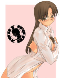 Rule 34 | 1girl, between breasts, breasts, candy, chocolate, chocolate heart, food, glasses, heart, hoshina tomoko, naked shirt, open clothes, open shirt, shirt, solo, to heart, to heart (series), tsuina