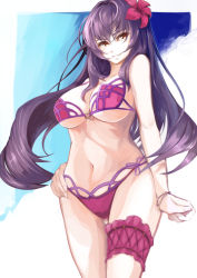 Rule 34 | 1girl, bikini, bracelet, breasts, cleavage, commentary request, fate/grand order, fate (series), flower, hair flower, hair ornament, hand on own hip, heart, jewelry, large breasts, bridal garter, long hair, looking at viewer, nagasawa tougo, navel, parted lips, purple bikini, purple hair, red eyes, scathach (fate), smile, solo, standing, swimsuit, underboob