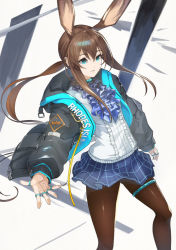 Rule 34 | 1girl, amiya (arknights), animal ears, arknights, blue eyes, blue skirt, brown hair, brown pantyhose, center frills, commentary request, frills, grey jacket, hair between eyes, highres, hood, hood down, hooded jacket, jacket, jewelry, long hair, long sleeves, looking away, outstretched arm, pantyhose, parted lips, pleated skirt, ponytail, puffy long sleeves, puffy sleeves, rabbit ears, ring, shirt, sidelocks, skirt, solo, very long hair, white shirt, yunar
