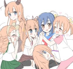 Rule 34 | 6+girls, diamond mouth, :d, ^ ^, blush, blush stickers, demon horns, drill hair, empty eyes, closed eyes, flip flappers, girl sandwich, hair over one eye, hand on another&#039;s shoulder, horns, kokomine cocona, lap pillow, multiple girls, multiple persona, open mouth, own hands together, papia (flip flappers), papika (flip flappers), papiko (flip flappers), papina (flip flappers), papino (flip flappers), papiyo (flip flappers), profile, sandwiched, school uniform, serafuku, simple background, sketch, smile, sou (mgn), sparkle, white background