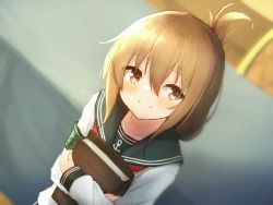 Rule 34 | 1girl, anchor symbol, blush, book, brown eyes, brown hair, centi mnkt, folded ponytail, hair between eyes, highres, holding, holding book, inazuma (kancolle), kantai collection, long sleeves, looking at viewer, neckerchief, ponytail, red neckerchief, sailor collar, school uniform, serafuku, smile, solo, upper body