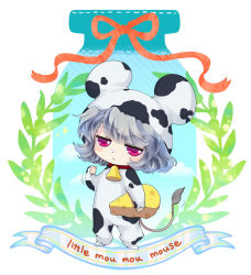 Rule 34 | 1girl, :&lt;, alternate costume, animal costume, animal ears, animal print, bell, cheese, cow costume, cow print, female focus, food, grey hair, iris anemone, mouse ears, mouse tail, nazrin, red eyes, short hair, solo, tail, touhou