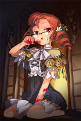 Rule 34 | 1girl, blood, blood on face, dark persona, dress, drill hair, flower, g mawang, glasses, goth dress, lowres, open mouth, orange hair, red eyes, ringlets, sitting, solo, sword girls, twin drills, twintails, vampire, vernika answer, wariza