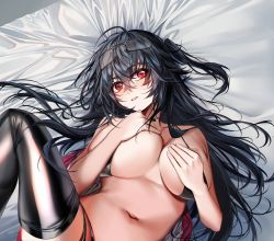 Rule 34 | 1girl, azur lane, baocaizi, bare shoulders, bed sheet, bikini, black-framed eyewear, black bikini, black hair, black thighhighs, blush, breasts, cleavage, eyewear on head, glasses, hair between eyes, hands on own chest, highres, large breasts, leg up, long hair, lying, official alternate costume, on back, on bed, one side up, parted lips, red eyes, smile, solo, spread legs, swimsuit, taihou (azur lane), taihou (enraptured companion) (azur lane), thighhighs, very long hair