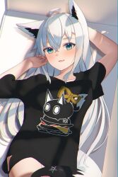 Rule 34 | 1girl, ahoge, animal ear fluff, animal ears, aqua eyes, arm behind head, arm up, black shirt, blush, chromatic aberration, commentary request, earrings, fox ears, fox girl, fox tail, from above, hand up, highres, hololive, jewelry, long hair, looking at viewer, lying, official alternate costume, on back, parted lips, pentagram, shirai yu, shirakami fubuki, shirakami fubuki (loungewear), shirt, side-tie shirt, sidelocks, single earring, smile, solo, t-shirt, tail, virtual youtuber, white hair