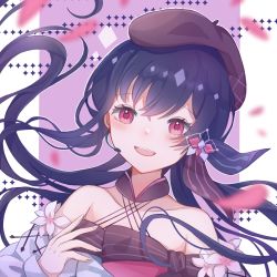 Rule 34 | 1girl, anniversary, bad id, bad pixiv id, bare shoulders, beret, collarbone, commentary, dress, dress flower, flower, guiltyskullu, hair flower, hair ornament, hat, headset, highres, long hair, looking at viewer, open mouth, pink eyes, portrait, purple dress, purple hair, purple headwear, smile, strapless, strapless dress, vocaloid, xin hua