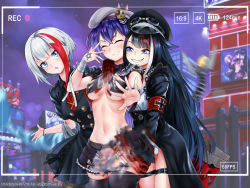 Rule 34 | 3girls, admiral graf spee (azur lane), admiral graf spee (girl&#039;s sunday) (azur lane), armband, azur lane, bandaged arm, bandages, beret, black dress, black hair, black jacket, blue eyes, bracelet, breasts, buttons, closed mouth, clothes lift, commentary, cross, deutschland (azur lane), double-breasted, dress, english commentary, fang, fins, fish tail, goggles, goggles on headwear, groping, hand on another&#039;s ass, hat, heterochromia, highres, iron cross, jacket, jewelry, leotard, leotard under clothes, lifting another&#039;s clothes, long sleeves, looking at viewer, mechanical hands, mechanical tail, midriff, miniskirt, motion blur, multicolored hair, multiple girls, navel, open mouth, purple eyes, sereneandsilent, shark tail, sharp teeth, short hair, short sleeves, skin fang, skirt, skirt lift, smile, stage, streaked hair, tail, tearing clothes, teeth, torn clothes, underboob, viewfinder, white hair, z36 (azur lane)
