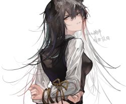 Rule 34 | 1girl, arknights, arms up, black hair, black vest, bound, bound arms, breasts, clenched teeth, hair between eyes, highres, long hair, looking at viewer, medium breasts, naijiaer, orange eyes, parted lips, shirt, simple background, solo, teeth, texas (arknights), texas the omertosa (arknights), translation request, upper body, v-shaped eyebrows, vest, white background, white shirt