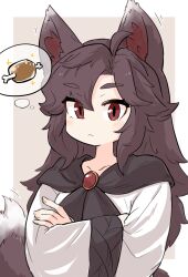Rule 34 | 1girl, ahoge, animal ears, boned meat, brown hair, collarbone, crossed arms, fingernails, food, grey background, highres, imaizumi kagerou, long hair, meat, simple background, solo, spoken food, tail, thought bubble, touhou, uisu (noguchipint), upper body, very long hair, wolf ears, wolf tail