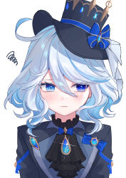 Rule 34 | 1girl, absurdres, ahoge, aqua hair, ascot, black hat, blue bow, blue eyes, bow, commentary request, drop-shaped pupils, frown, furina (genshin impact), genshin impact, hair between eyes, hat, hat bow, highres, long hair, long sleeves, looking at viewer, looking to the side, low twintails, mismatched pupils, mochi mochi052, multicolored hair, sidelocks, simple background, solo, squiggle, streaked hair, symbol-shaped pupils, top hat, twintails, two-tone hair, upper body, wavy hair, white background