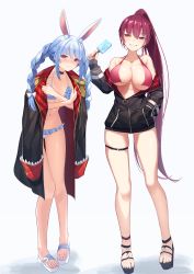 Rule 34 | 2girls, absurdres, alternate costume, bare legs, bikini, bikini under clothes, black footwear, black jacket, blue bikini, blue hair, blush, braid, breasts, choker, closed mouth, collarbone, commentary request, crossed arms, embarrassed, feet, food, full body, gold trim, grey background, hand in pocket, hand up, heterochromia, high ponytail, highres, holding, hololive, houshou marine, houshou marine (summer), jacket, jacket on shoulders, jewelry, large breasts, legs, long hair, looking at viewer, medium breasts, multiple girls, necklace, o-ring, o-ring thigh strap, off shoulder, official alternate costume, orange eyes, oversized clothes, paid reward available, partially unzipped, popsicle, rabbit girl, red bikini, red eyes, red hair, sandals, shadow, shiny skin, simple background, smile, sora shitatoge, swimsuit, teeth, thigh strap, thighs, toes, twin braids, twintails, underboob, usada pekora, very long hair, virtual youtuber, white footwear, white hair
