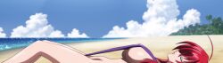 Rule 34 | 1girl, absurdres, ahoge, beach, bikini, blue sky, breasts, closed eyes, cloud, demon girl, female focus, from side, high school dxd, highres, large breasts, legs, long hair, lying, on back, one-piece swimsuit, purple one-piece swimsuit, red hair, rias gremory, sideboob, sky, slingshot swimsuit, solo, stitched, strap gap, sunbathing, swimsuit, thighs, third-party edit, underboob