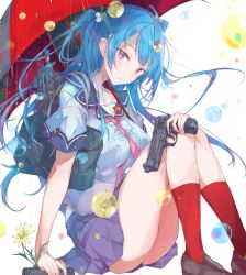 Rule 34 | 1girl, arm support, bag, beretta 92, blouse, blue hair, blue skirt, bow, bubble, carrying, closed mouth, clover hair ornament, commentary request, daisy, flower, four-leaf clover hair ornament, from side, gun, hair bow, hair ornament, hairclip, handgun, head tilt, holding, holding gun, holding umbrella, holding weapon, legs, light frown, lips, long hair, looking at viewer, miniskirt, neckerchief, original, pink neckerchief, pleated skirt, pulp piroshi, purple eyes, rain, red socks, red theme, school bag, school uniform, serafuku, shirt, short sleeves, sitting, skindentation, skirt, socks, solo, submachine gun, two side up, umbrella, weapon, weapon request, white shirt