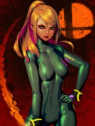 Rule 34 | 1girl, angry, bellhenge, blue bodysuit, blue eyes, bodysuit, gun, high ponytail, impossible bodysuit, impossible clothes, long hair, looking at viewer, metroid, metroid: other m, mole, mole under mouth, nintendo, ponytail, samus aran, shiny clothes, skin tight, solo, super smash bros., weapon, zero suit
