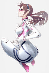 Rule 34 | 1girl, ass, blue eyes, bodysuit, breasts, brown hair, closed mouth, commentary request, evangelion: 3.0+1.0 thrice upon a time, full body, glasses, hairband, highres, long hair, long sleeves, looking away, low twintails, makinami mari illustrious, medium breasts, neon genesis evangelion, plugsuit, rebuild of evangelion, red-framed eyewear, shiny clothes, shiny skin, simple background, skin tight, smile, turtleneck, twintails, uni+, white background, white bodysuit