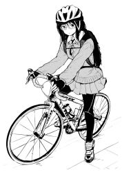 Rule 34 | 1girl, batta (kanzume quality), bicycle, bicycle helmet, bottle, bow, bowtie, cardigan, closed mouth, collared shirt, commentary request, fingerless gloves, gloves, greyscale, helmet, long hair, long sleeves, looking at viewer, monochrome, original, pleated skirt, school uniform, shirt, simple background, skirt, solo, water bottle, white background, wing collar