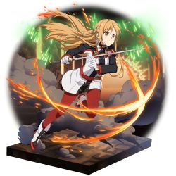 Rule 34 | 1girl, asuna (sao), augma, braid, brown eyes, brown hair, dress, floating hair, frown, full body, gloves, highres, holding, holding sword, holding weapon, leg up, long hair, official art, pantyhose, red pantyhose, short dress, solo, standing, standing on one leg, sword, sword art online, transparent background, very long hair, weapon, white gloves