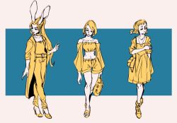 Rule 34 | 3girls, animal ears, ashelia b&#039;nargin dalmasca, braid, breasts, casual, closed mouth, dress, final fantasy, final fantasy xii, full body, greyscale, high heels, highres, jewelry, long hair, midriff, monochrome, multiple girls, necklace, penelo, rabbit ears, short hair, shorts, siotomato, small breasts, twin braids, twintails, vaan (ff12)