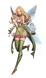 Rule 34 | 1girl, absurdres, bare shoulders, barefoot, black survival, blonde hair, braid, breasts, cleavage, collarbone, fingernails, flower, full body, green eyes, green thighhighs, hair ornament, highres, holding, holding lantern, jenny sinclair, lantern, lips, looking at viewer, official alternate costume, official art, parted bangs, parted lips, see-through, smile, solo, thighhighs, transparent background, white flower, wings, zettai ryouiki