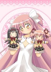 Rule 34 | 10s, 1girl, akemi homura, bad id, bad pixiv id, black hair, bow, character doll, dress, hair ribbon, hand puppet, highres, kaname madoka, long hair, mahou shoujo madoka magica, mahou shoujo madoka magica (anime), naruse mai, open mouth, pink hair, puppet, ribbon, school uniform, short hair, skirt, smile, solo, twintails, two side up, ultimate madoka, very long hair, white dress, yellow eyes, | |, || ||