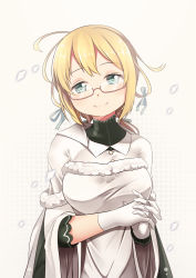 Rule 34 | 1girl, ahoge, alternate costume, arm across waist, blonde hair, blue eyes, blush, breasts, buttons, capelet, christmas, cup, dress, flower, fur-trimmed capelet, fur trim, glasses, gloves, hair between eyes, hair flower, hair ornament, hair ribbon, half-closed eyes, head tilt, highres, i-8 (kancolle), kantai collection, large breasts, long dress, long hair, long sleeves, looking at viewer, low twintails, merry christmas, own hands together, red-framed eyewear, ribbon, simple background, smile, solo, tareme, twintails, white dress, white gloves, wide sleeves, yasume yukito