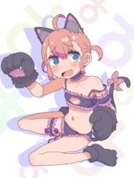 Rule 34 | 1girl, @ @, ahoge, animal ears, animal hands, badluck2033, blue eyes, blush, bra, bridal garter, cat cutout, cat ears, cat lingerie, cat tail, clothing cutout, flat chest, frilled bra, frills, full body, gloves, highres, looking at viewer, meme attire, navel, onii-chan wa oshimai!, orange hair, original, panties, paw gloves, paw shoes, short hair, sitting, solo, strap slip, tail, tearing up, underwear, underwear only, vibrator in thigh strap, wariza, wavy mouth