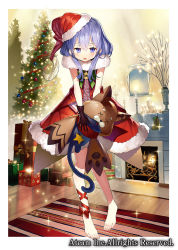 Rule 34 | 1girl, ankle ribbon, blush, box, candle, christmas, christmas tree, copyright name, crescent, crescent hair ornament, d:, gaou (umaiyo puyoman), gift, gift box, gloves, hair ornament, hat, indoors, leg ribbon, mani (valkyrie connect), open mouth, purple eyes, purple hair, ribbon, santa costume, santa hat, solo, sparkle, star (symbol), stuffed animal, stuffed cat, stuffed toy, valkyrie connect