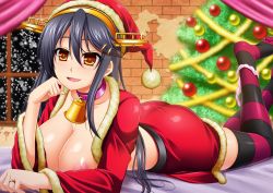 Rule 34 | 10s, 1girl, bell, black hair, blush, breasts, brown eyes, christmas tree, collar, female focus, hair ornament, hairband, hairclip, haruna (kancolle), jewelry, kantai collection, large breasts, long hair, militia minpei, neck bell, nipples, open mouth, ring, smile, solo, striped clothes, striped thighhighs, thighhighs, wedding band