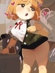 Rule 34 | 1boy, 1girl, animal crossing, animal ears, animal hands, animal nose, arm support, arm up, black eyes, blonde hair, blue skirt, blush, body fur, breasts, buck teeth, buttons, clothes lift, collared shirt, covered erect nipples, cup, desk, dog ears, dog girl, dog tail, drink, drinking glass, faceless, faceless male, female pubic hair, furry, furry female, furry with non-furry, green vest, half-closed eyes, head out of frame, heart, heart-shaped pupils, hetero, indoors, interspecies, isabelle (animal crossing), leaning forward, legs, legs apart, light blush, looking at another, looking back, male pubic hair, medium breasts, microphone, miniskirt, motion lines, nintendo, nipple stimulation, nipple tweak, open mouth, parted bangs, pencil skirt, pocket, pubic hair, raised eyebrows, sex, shirt, short hair, short sleeves, shorts, skirt, skirt lift, solo focus, speech bubble, spoken heart, spoken sweatdrop, standing, sweat, sweatdrop, symbol-shaped pupils, tail, teeth, thick thighs, thighs, topknot, two-tone fur, ura menu, vest, villager (animal crossing), white fur, white shirt, white shorts, yellow fur