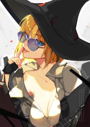 Rule 34 | 1girl, alternate hair color, black gloves, blonde hair, blue hair, breasts, cleavage, collarbone, finger to mouth, gloves, guilty gear, hat, highres, i-no, ian olympia, looking at viewer, medium breasts, off shoulder, open mouth, red lips, short hair, solo, sunglasses, witch hat