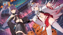 Rule 34 | 2girls, :d, ahoge, azur lane, bare shoulders, black hair, black headwear, black legwear, black shirt, black skirt, breasts, brown eyes, crop top, crop top overhang, dutch angle, ghost, hair ribbon, halloween, hat, unworn hat, unworn headwear, hibiki (azur lane), high-waist skirt, high ponytail, highres, horns, isuzu (azur lane), isuzu (retrofit) (azur lane), kitada mo, long hair, long sleeves, looking at viewer, midriff, miniskirt, multiple girls, navel, off shoulder, official art, open clothes, open mouth, outstretched arms, peaked cap, pleated skirt, ponytail, pumpkin, red eyes, red skirt, retrofit (azur lane), revealing clothes, ribbon, sarashi, shirt, silver hair, skirt, small breasts, smile, standing, stomach, suspenders, thighhighs, v-shaped eyebrows, very long hair, white legwear, wide sleeves, zettai ryouiki