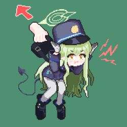 Rule 34 | 1girl, 1other, arrow (symbol), backpack, bag, black footwear, black tail, blue archive, blue hat, blue shirt, blush, buttons, demon tail, disembodied hand, emblem, gloves, green background, green halo, halo, hands on own head, hat, hikari (blue archive), jokun, long sleeves, pantyhose, peaked cap, pixel art, pout, shirt, shoes, shout lines, sidelocks, simple background, solo focus, tail, unhappy, v-shaped eyebrows, white gloves, white pantyhose, yellow eyes